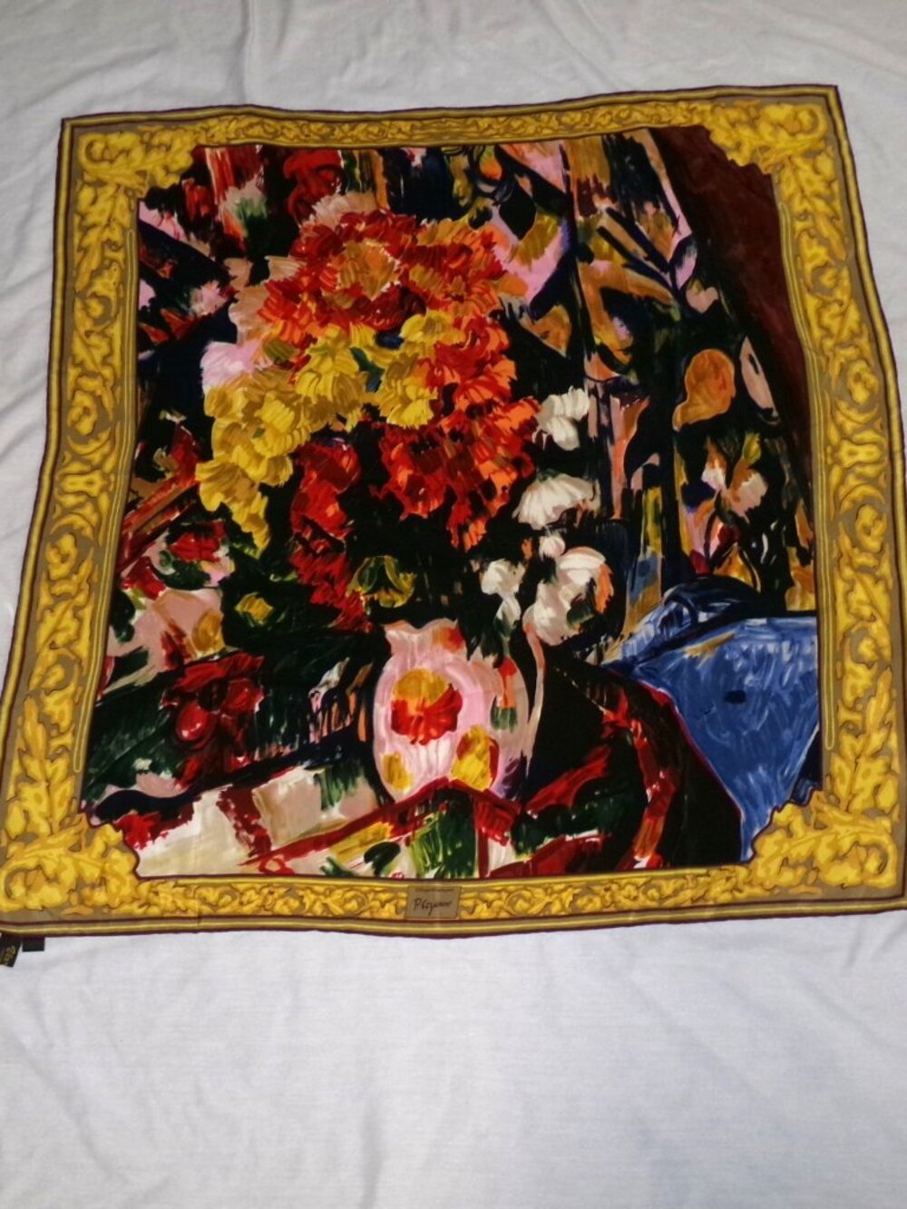Varucci P Cezanne Chrysanthemums Floral 100% Silk Square Scarf 34" Hand Rolled